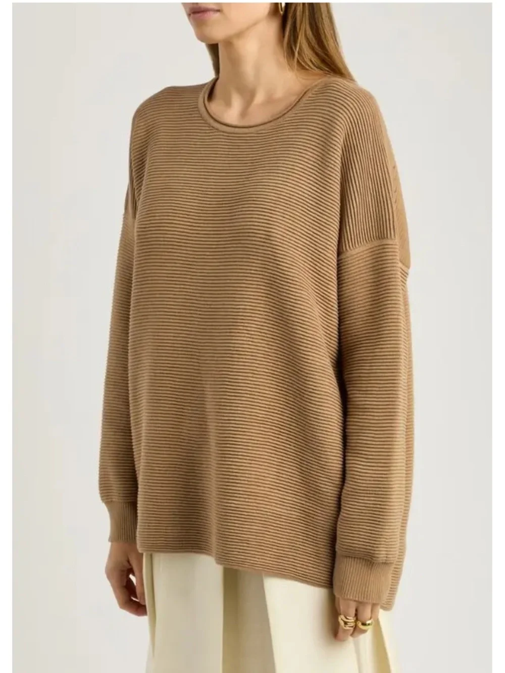 EILEEN FISHER Camel Ribbed Organic Cotton-Blend Crewneck Sweater
